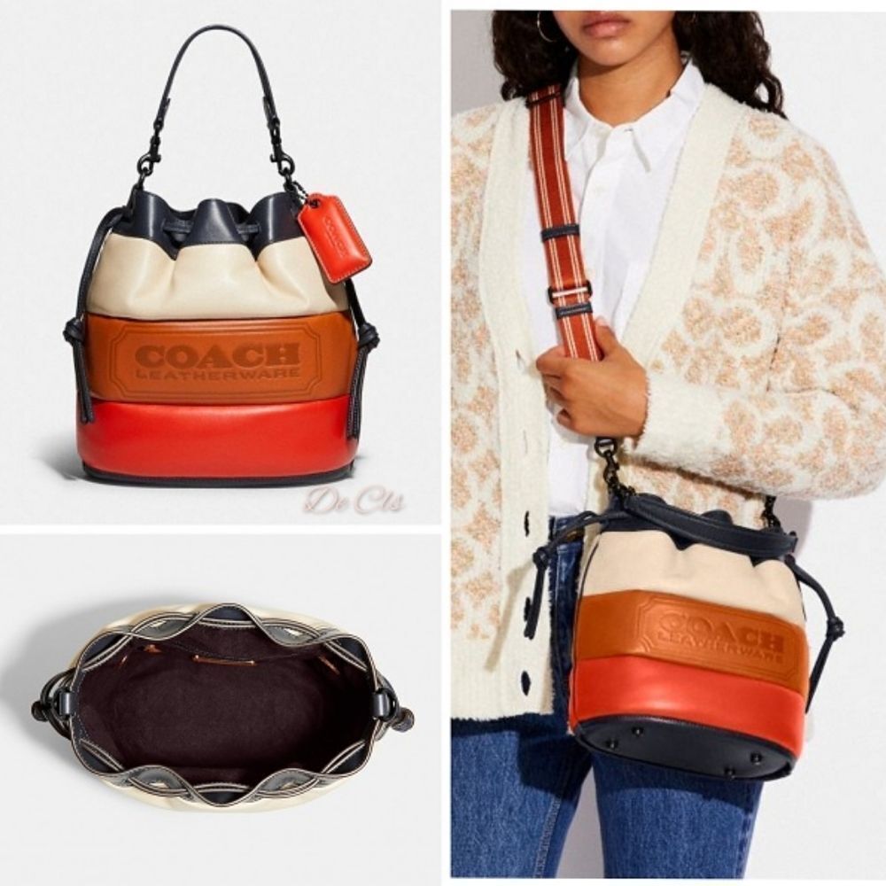 Coach RETAIL Colorblock Pillow Quilted Field Bucket Bag - Orange Cream Tan Navy - Picture 8 of 17